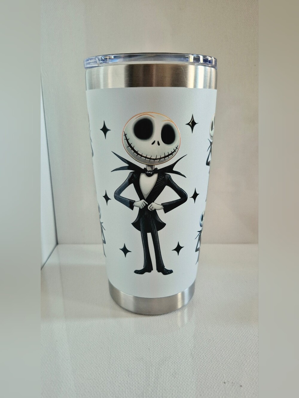 Jack Skellington Design 20oz Stainless Steel White Silver Tumbler Clear Lid New